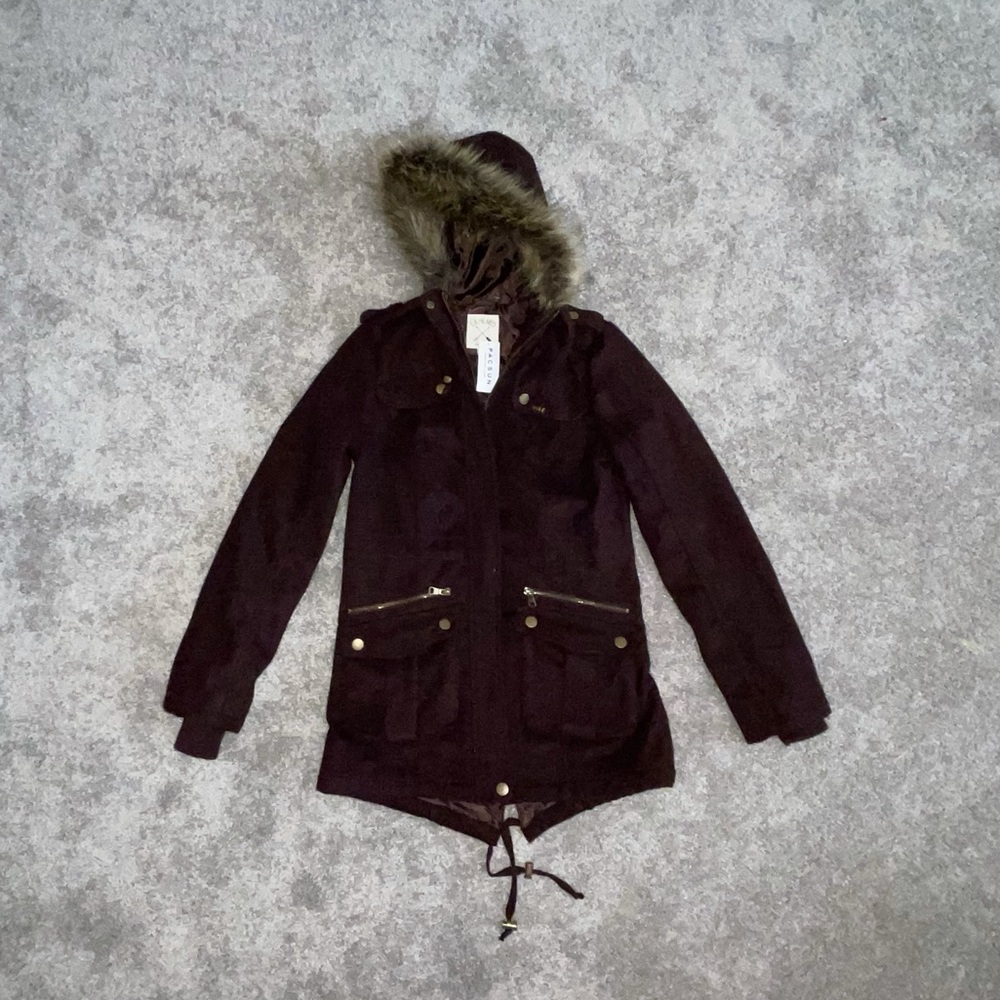 Dark Purple Long Winter Coat with Fur Hood